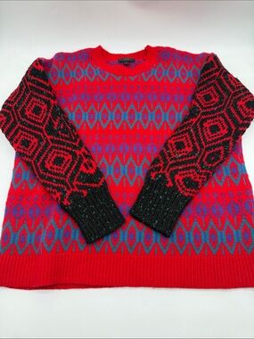 J. Crew Red and Blue Geometric Crewneck Sweater Lamb's Wool Medium